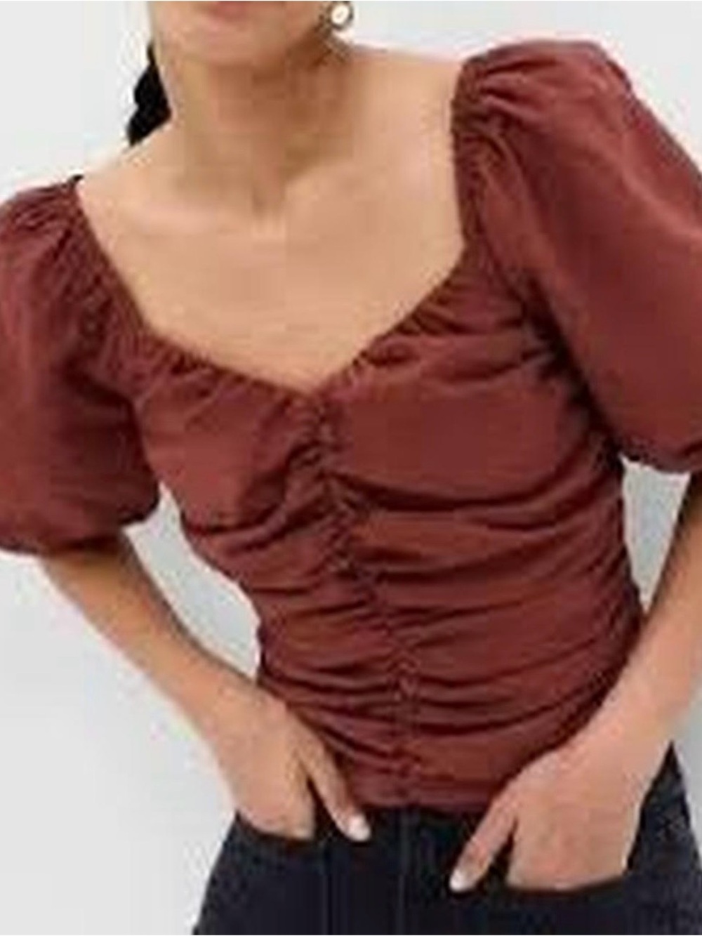 GAP Ruched Puff Sleeve Top in Rust Brown